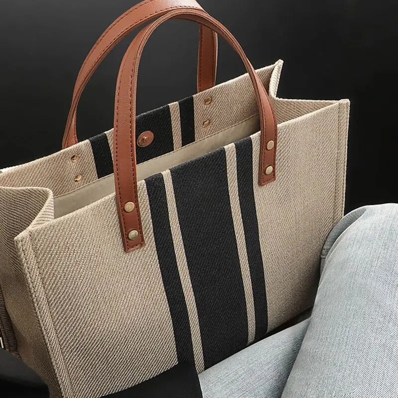 Linen Bag Bulk - Casual Canvas Stripe Pattern Wielofunkcyjna torba
